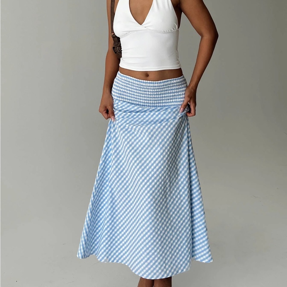 Princess Polly Every Girl Shirred Maxi Skirt Blue Check